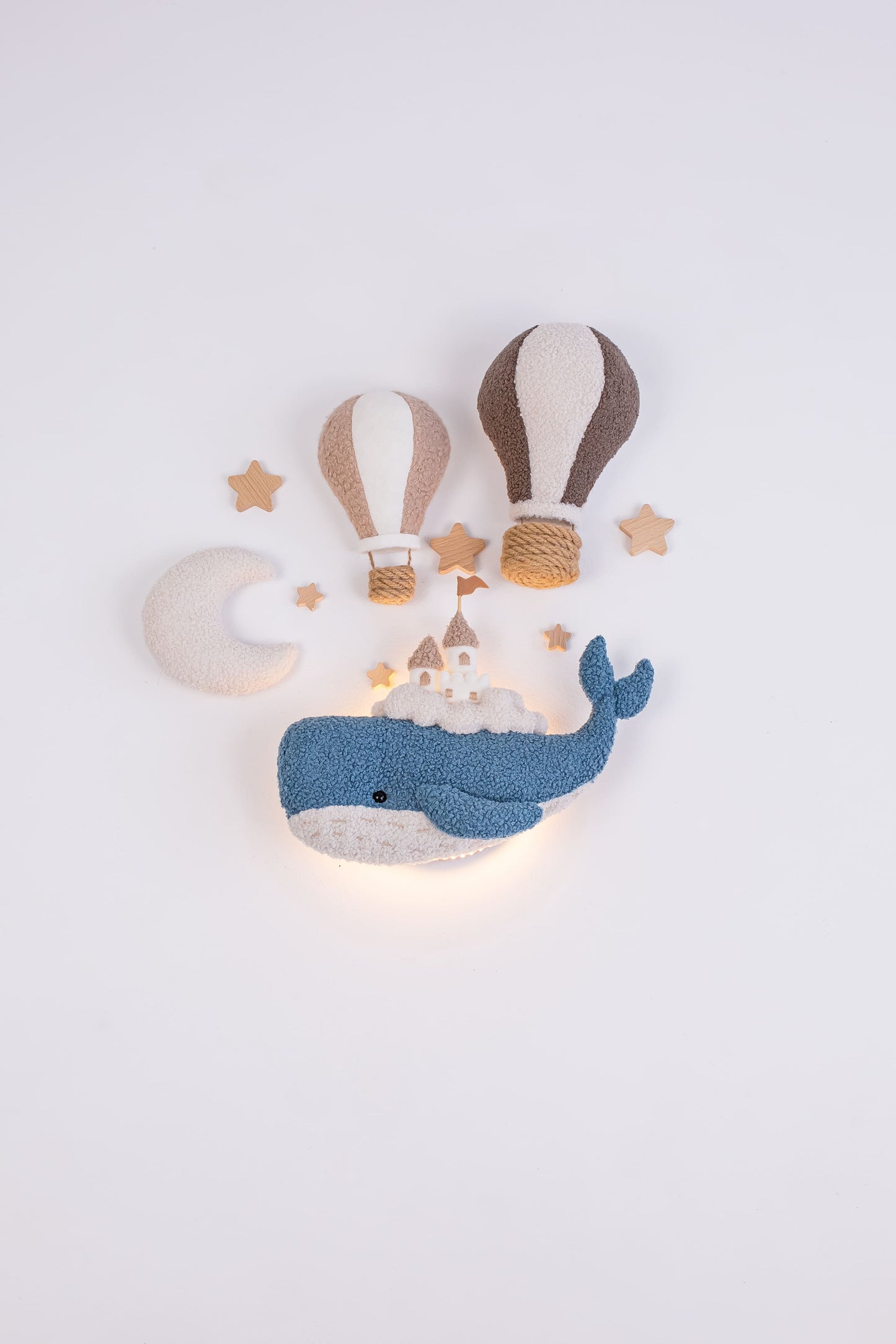 Whale Nursery Wall Decor Set with Lighted Whale and Hot Air Balloons
