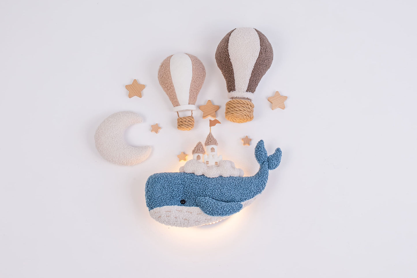Whale Nursery Wall Decor Set with Lighted Whale and Hot Air Balloons