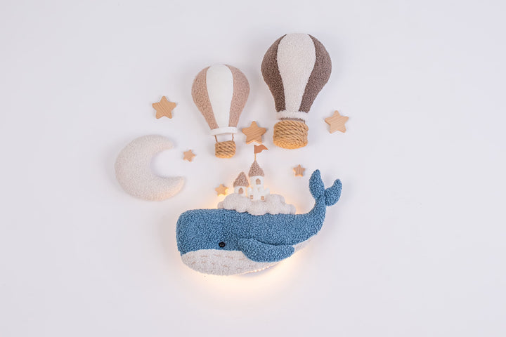 Whale Nursery Wall Decor Set with Lighted Whale and Hot Air Balloons