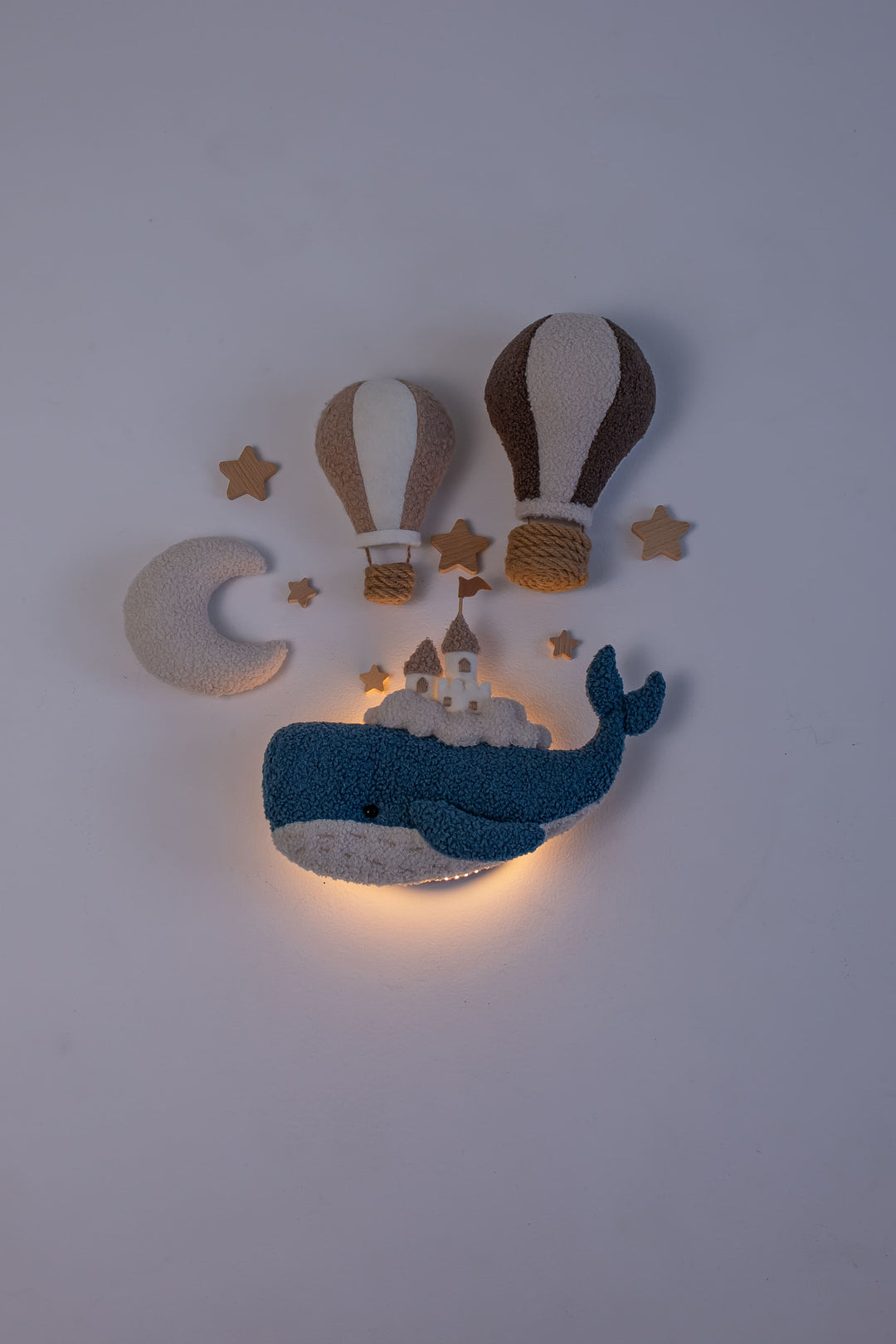 Whale Nursery Wall Decor Set with Lighted Whale and Hot Air Balloons