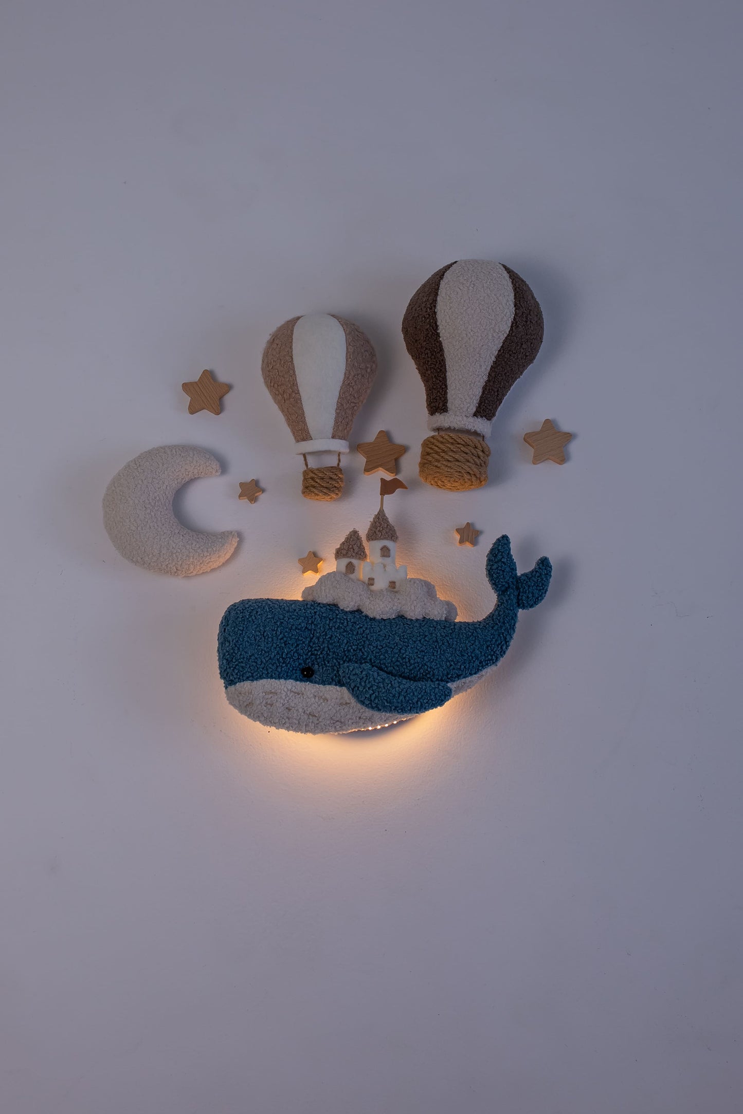 Whale Nursery Wall Decor Set with Lighted Whale and Hot Air Balloons