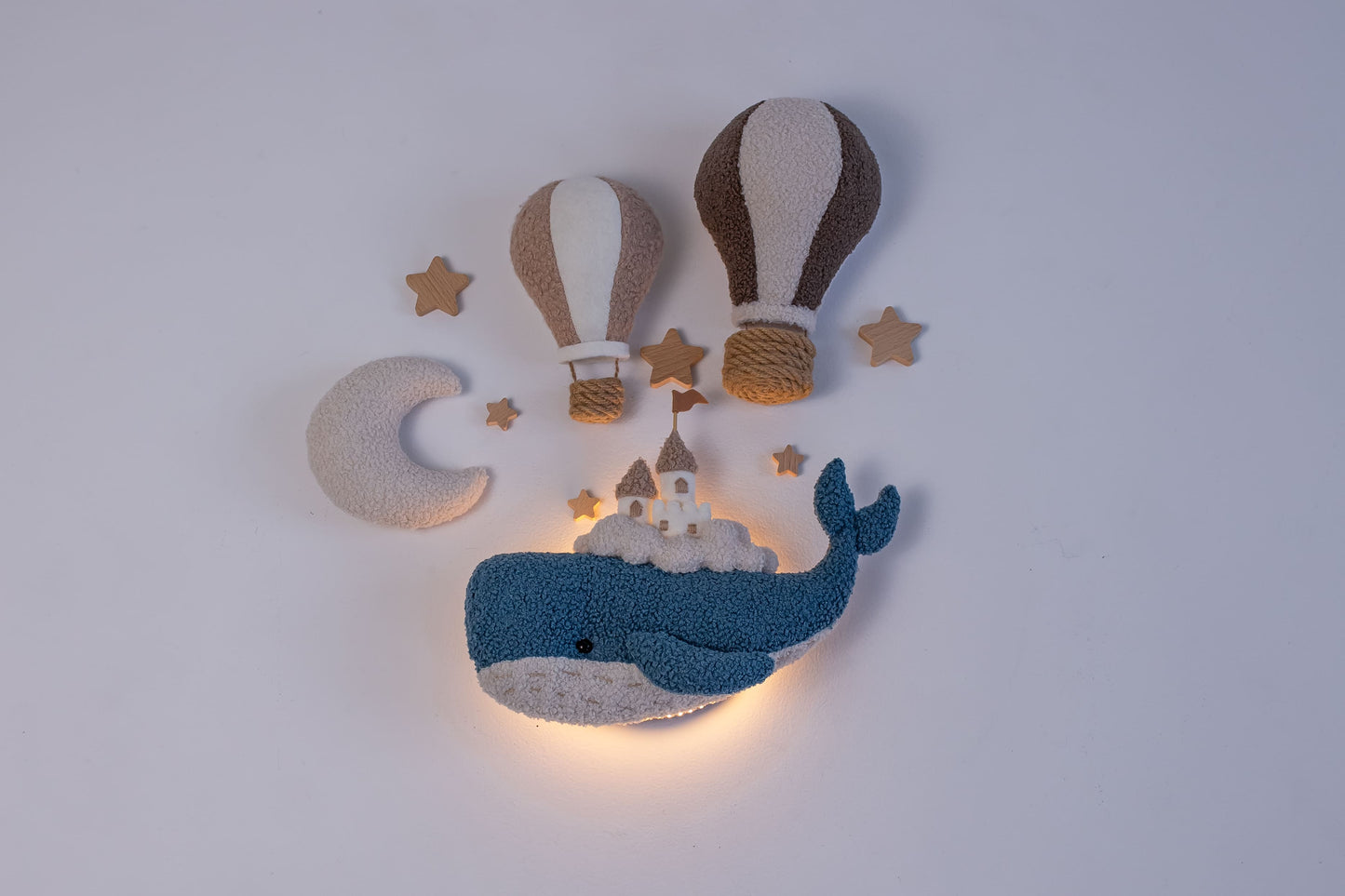 Whale Nursery Wall Decor Set with Lighted Whale and Hot Air Balloons