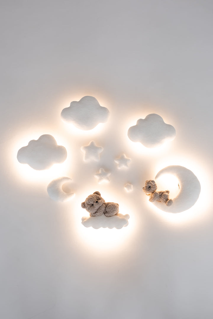 Bouclé Bear &amp; Cloud Nursery Wall Lights – 5 Lights LED Set