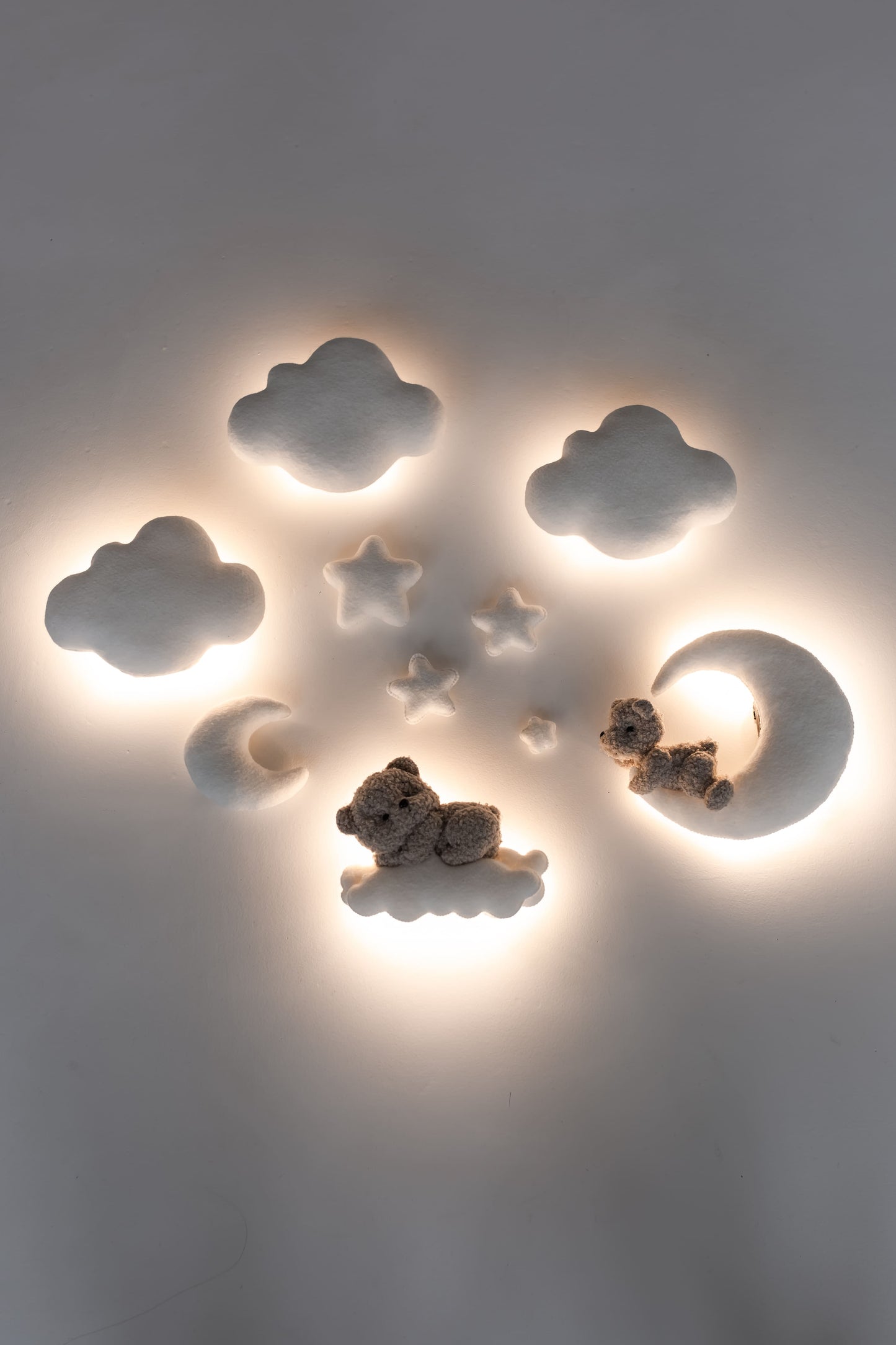 Bouclé Bear & Cloud Nursery Wall Lights – 5 Lights LED Set