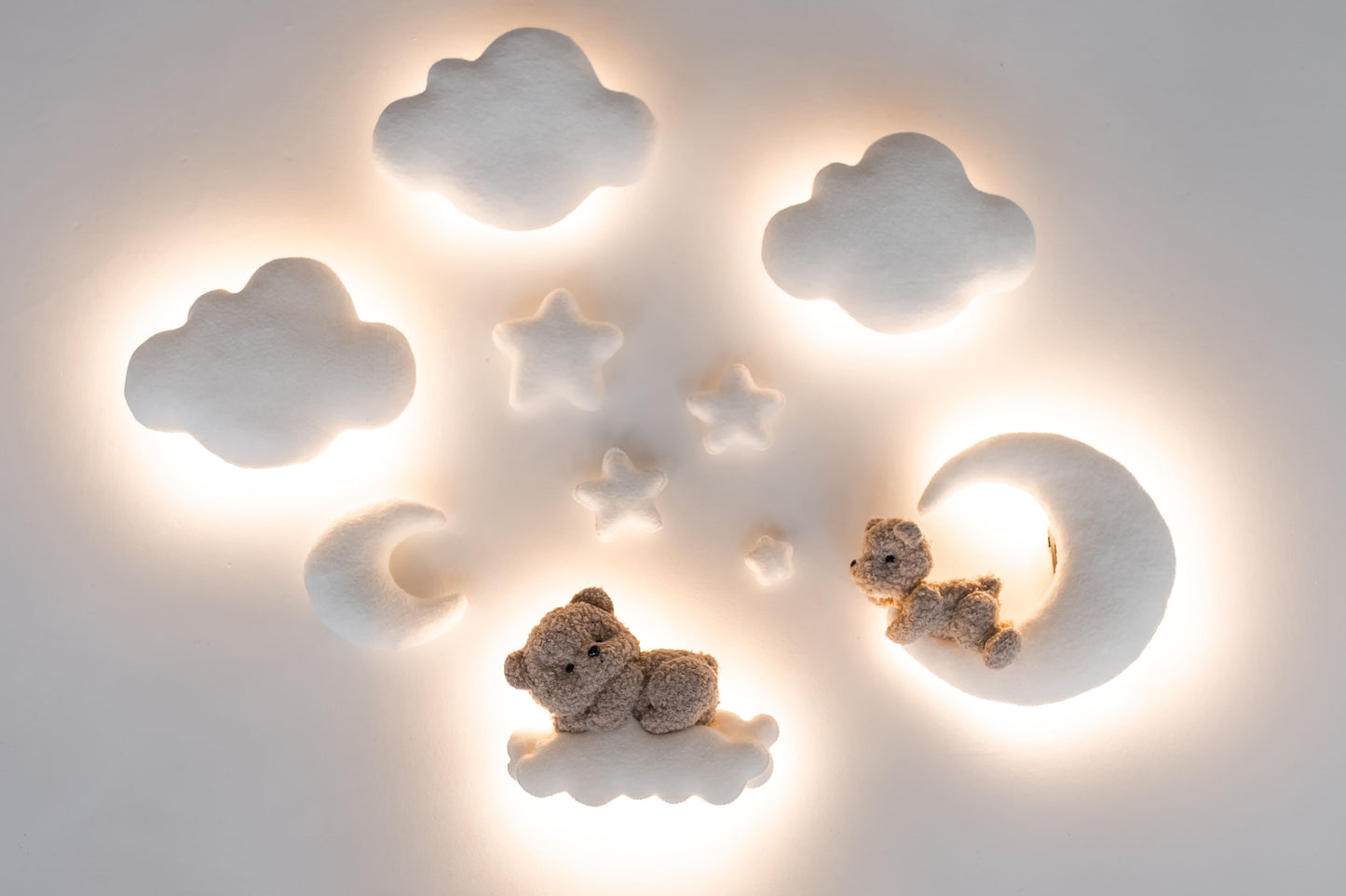 Bouclé Bear & Cloud Nursery Wall Lights – 5 Lights LED Set