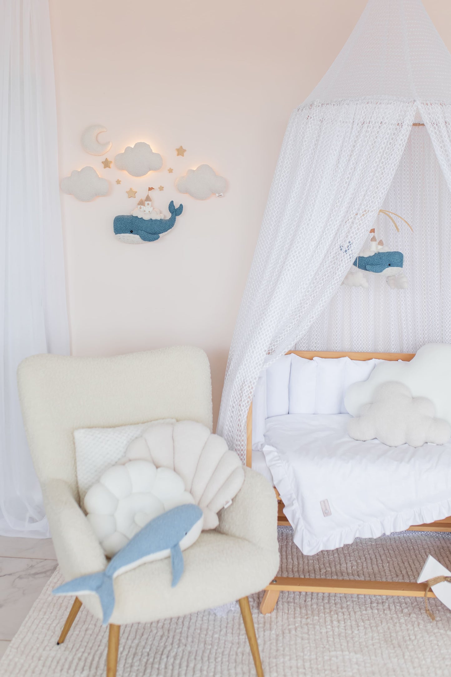 Whale Nursery Wall Light Set with Clouds, Moon and Stars