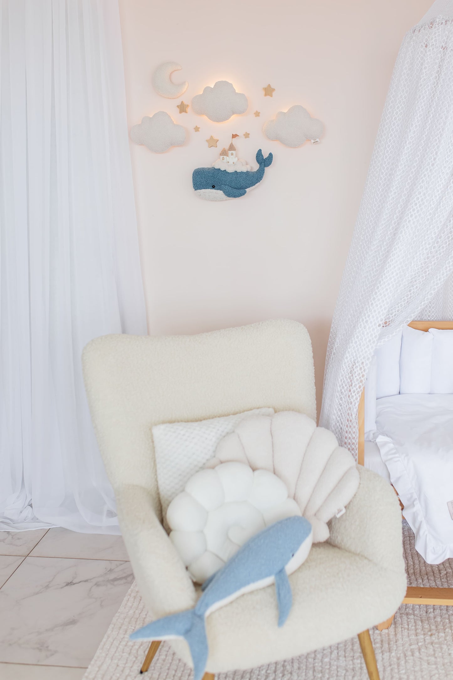 Whale Nursery Wall Light Set with Clouds, Moon and Stars