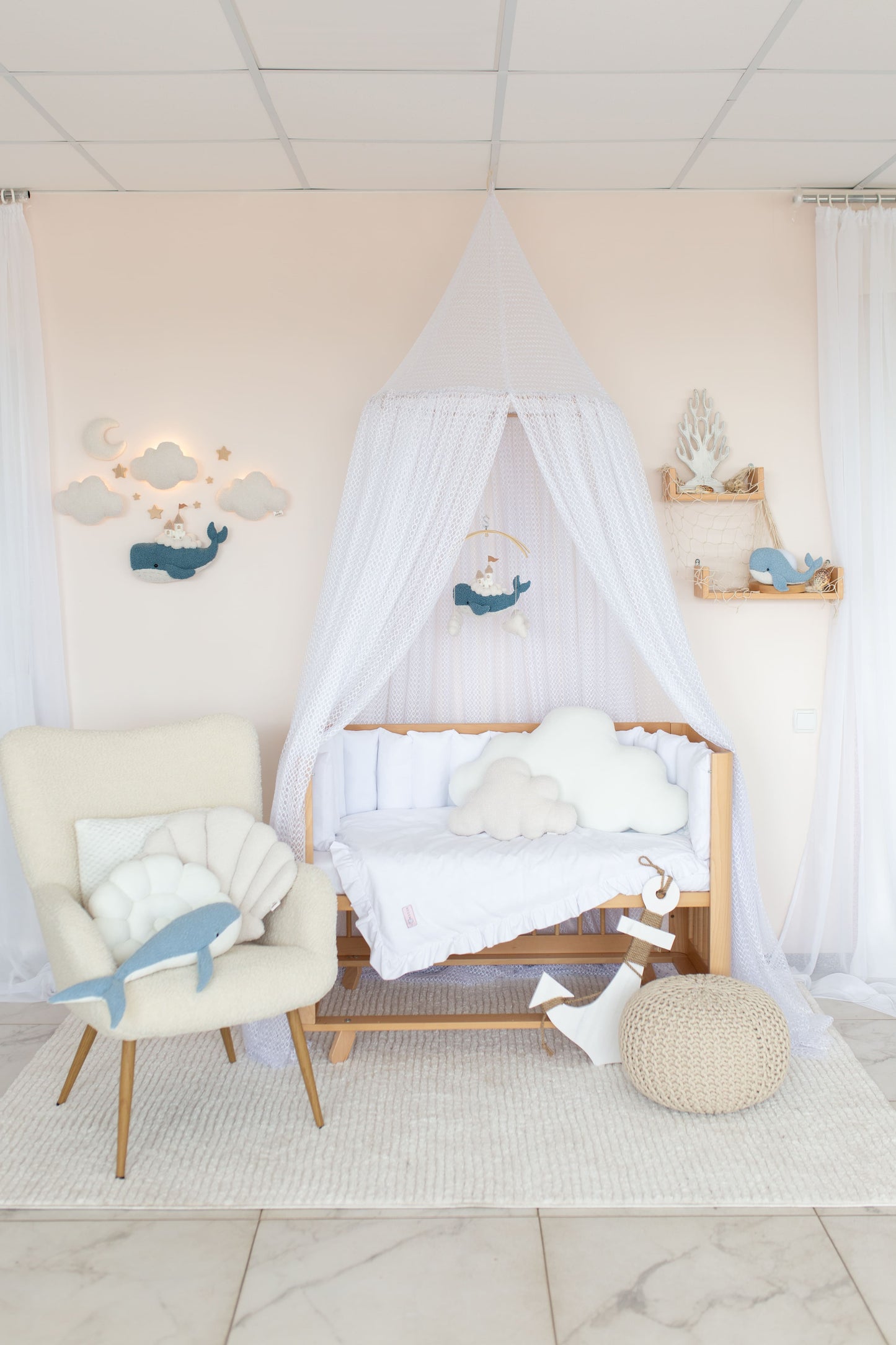 Whale Nursery Wall Light Set with Clouds, Moon and Stars