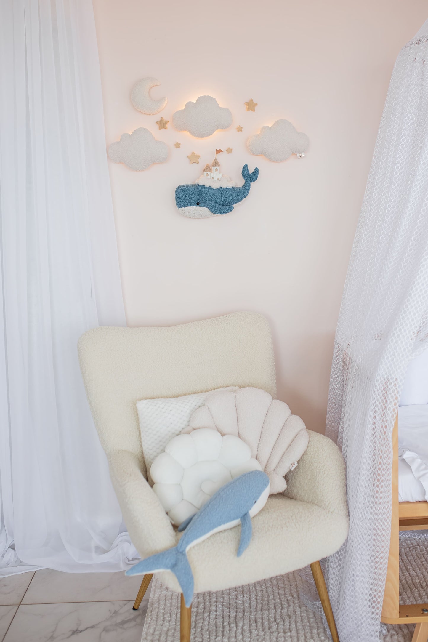 Whale Nursery Wall Light Set with Clouds, Moon and Stars