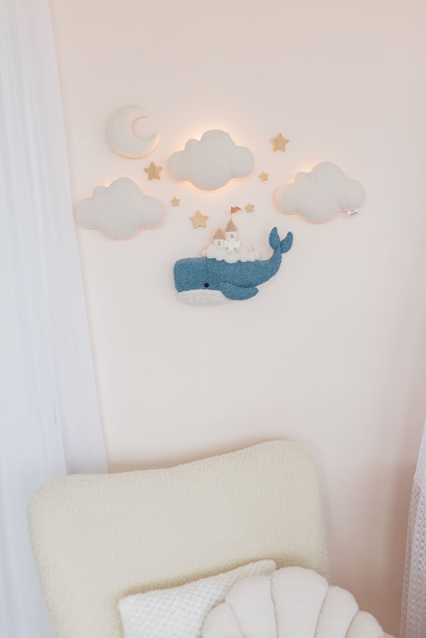 Whale Nursery Wall Light Set with Clouds, Moon and Stars