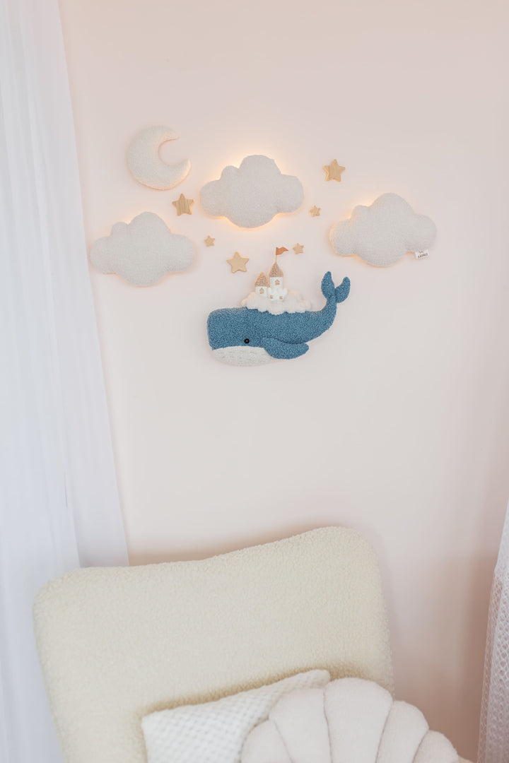 Whale Nursery Wall Light Set with Clouds, Moon and Stars