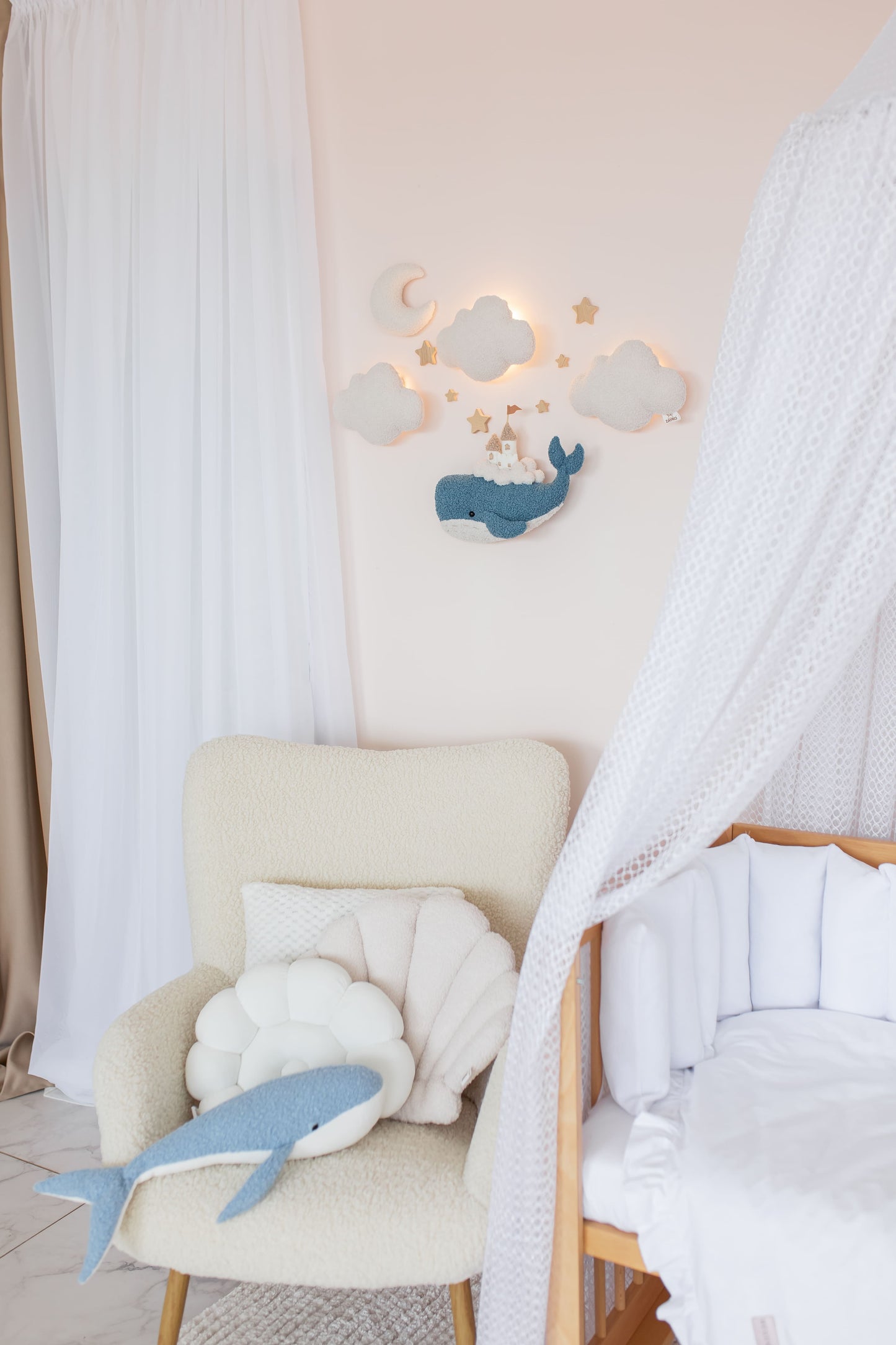 Whale Nursery Wall Light Set with Clouds, Moon and Stars
