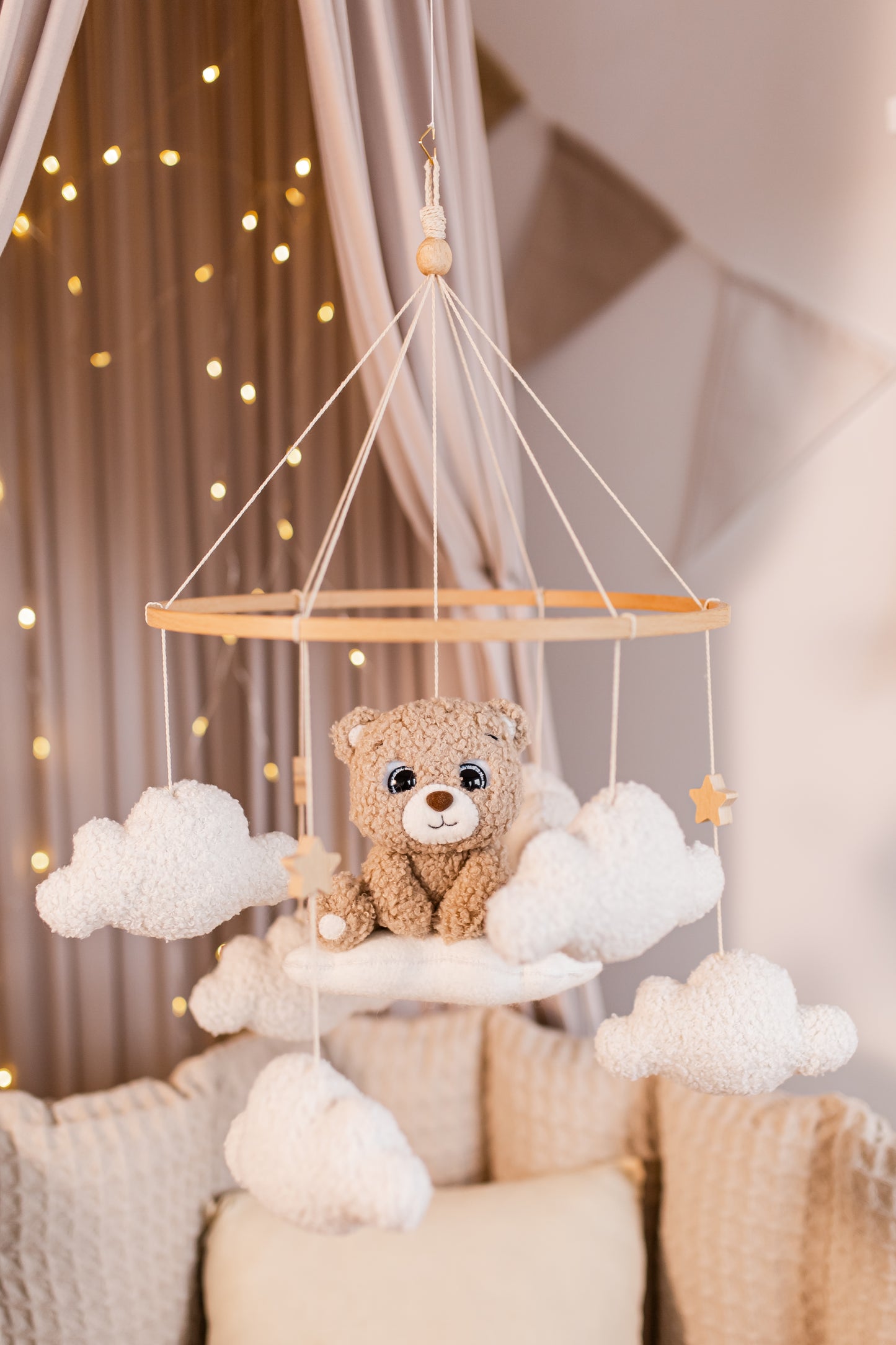Cute Bear baby mobile boucle stars clouds nursery decor
