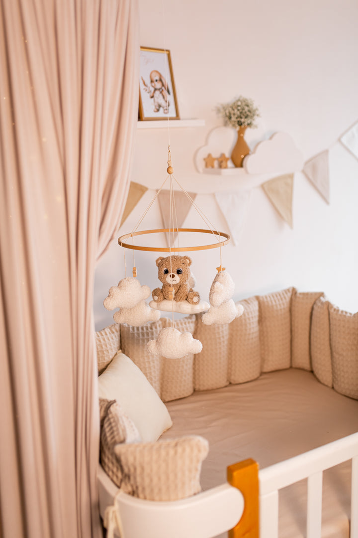 Cute Bear baby mobile boucle stars clouds nursery decor