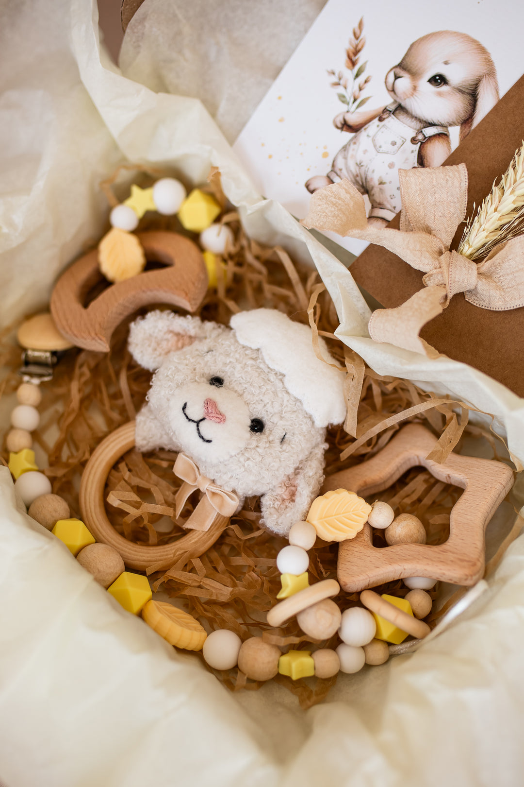 Baby teething toy with wooden elements and a plush mouse toy in a decorative box.