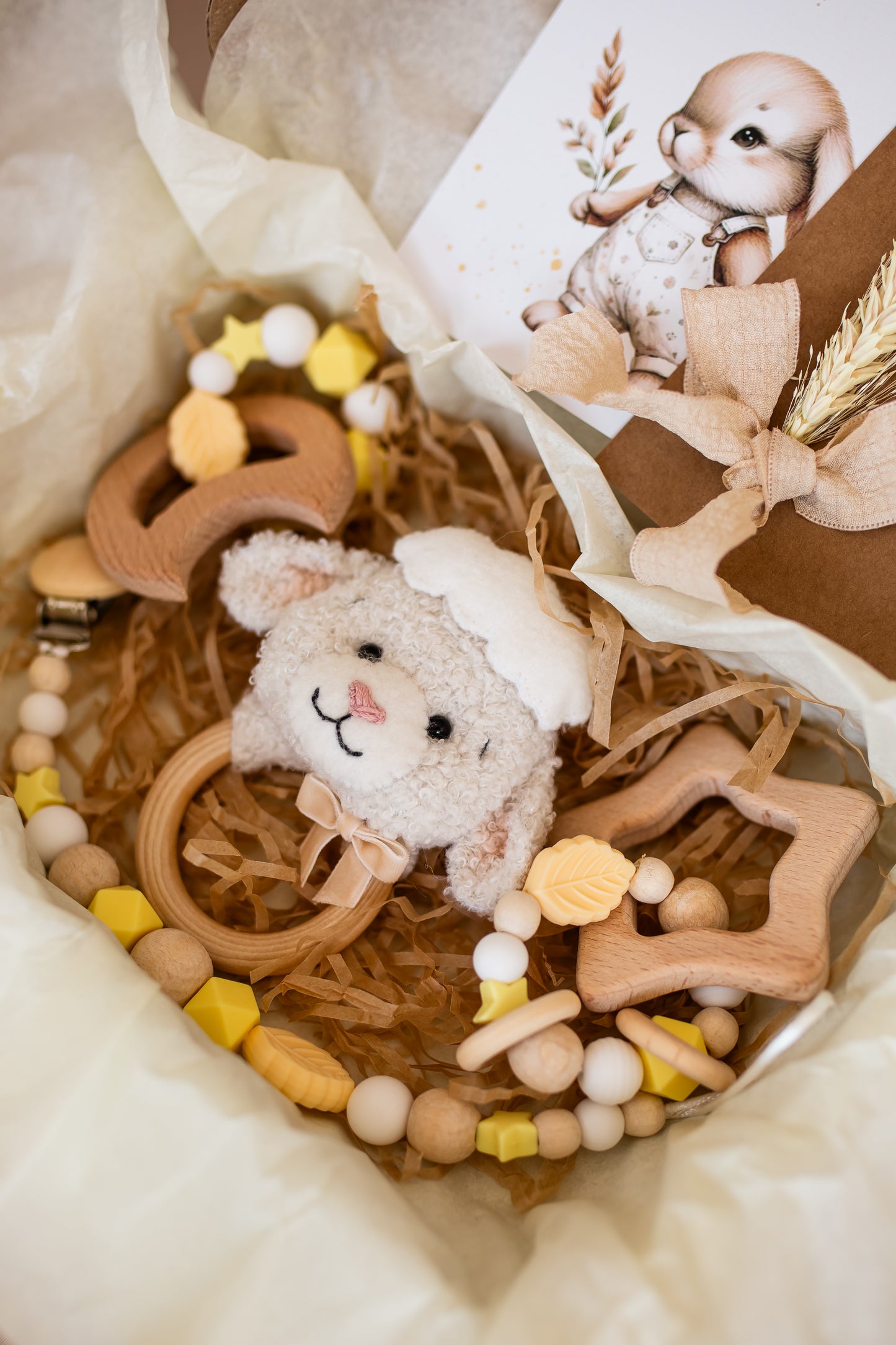 Baby teething toy with wooden elements and a plush mouse toy in a decorative box.