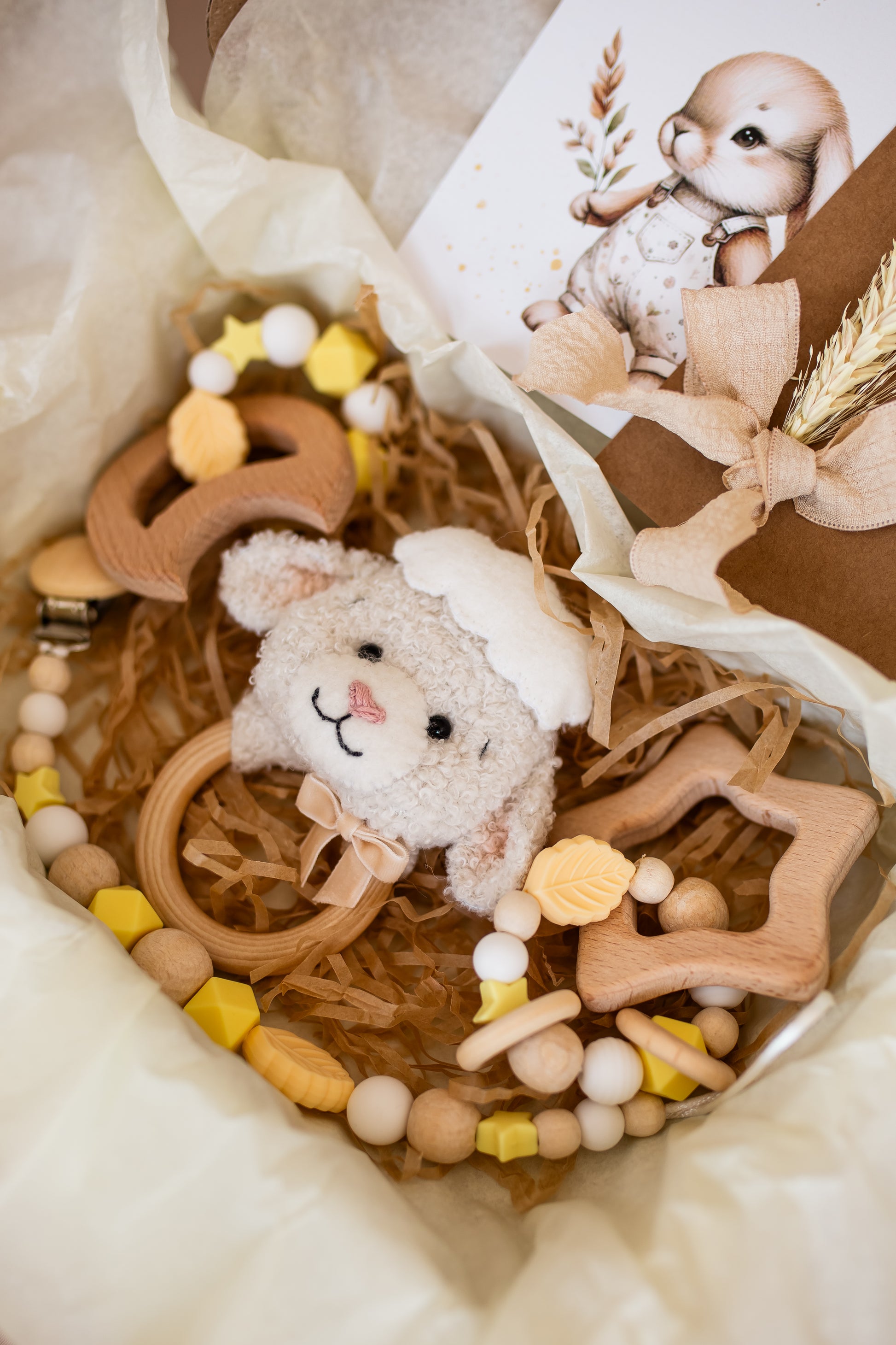 Baby teething toy with wooden elements and a plush mouse toy in a decorative box.