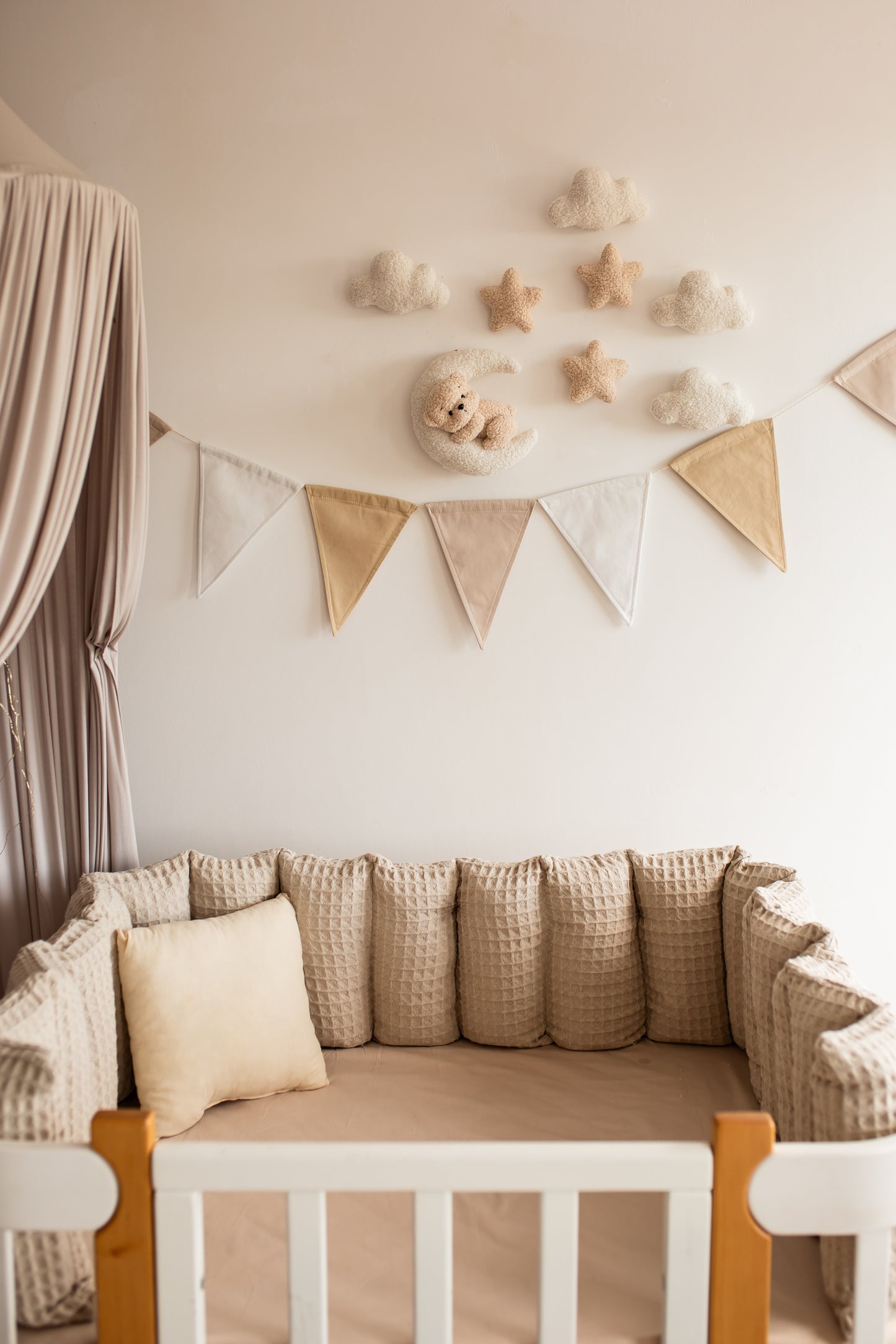 Handmade bouclé teddy bear and moon nursery wall decoration for baby room