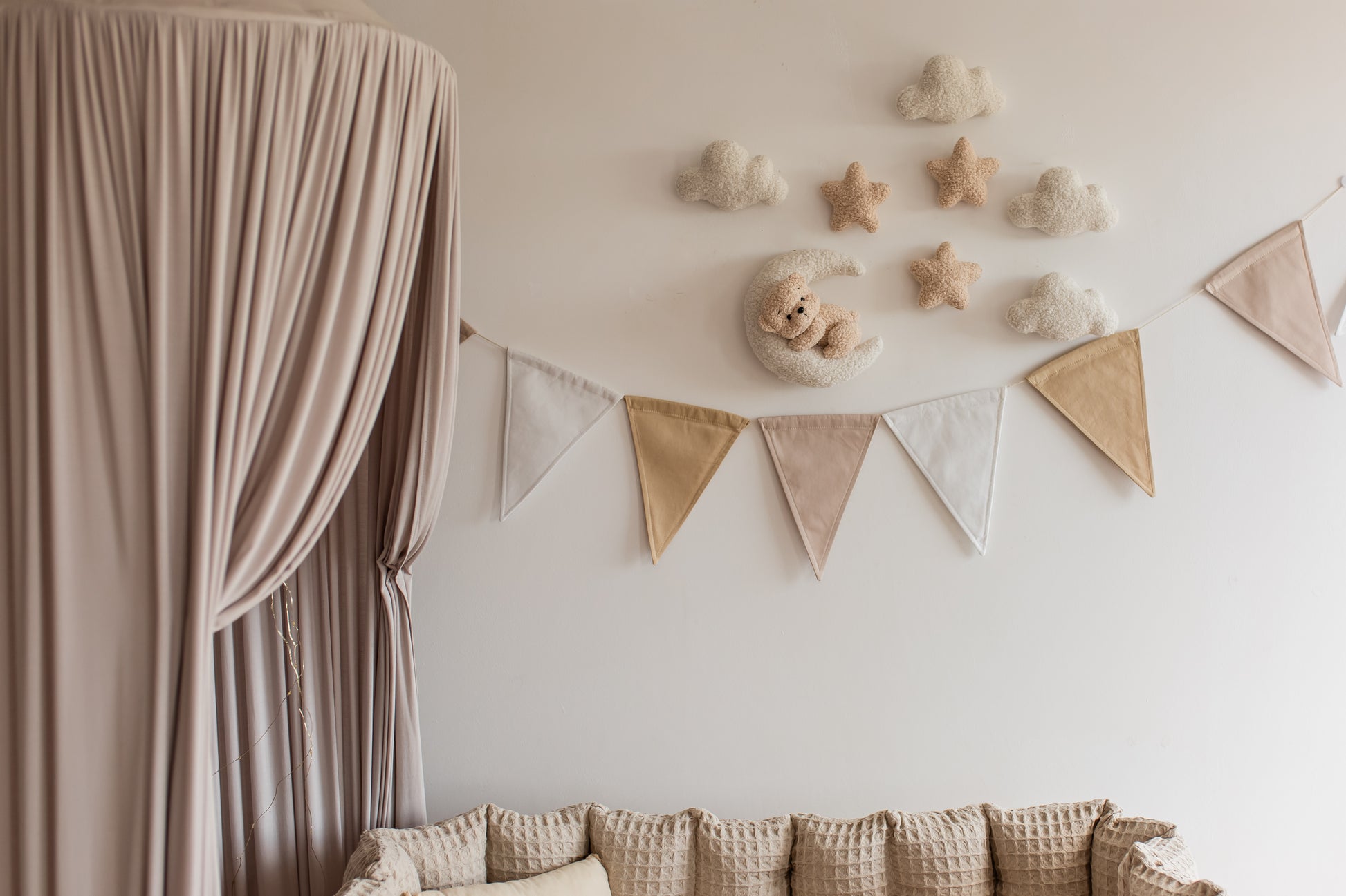 Personalized teddy bear on moon wall décor with Velcro mounting—neutral nursery design