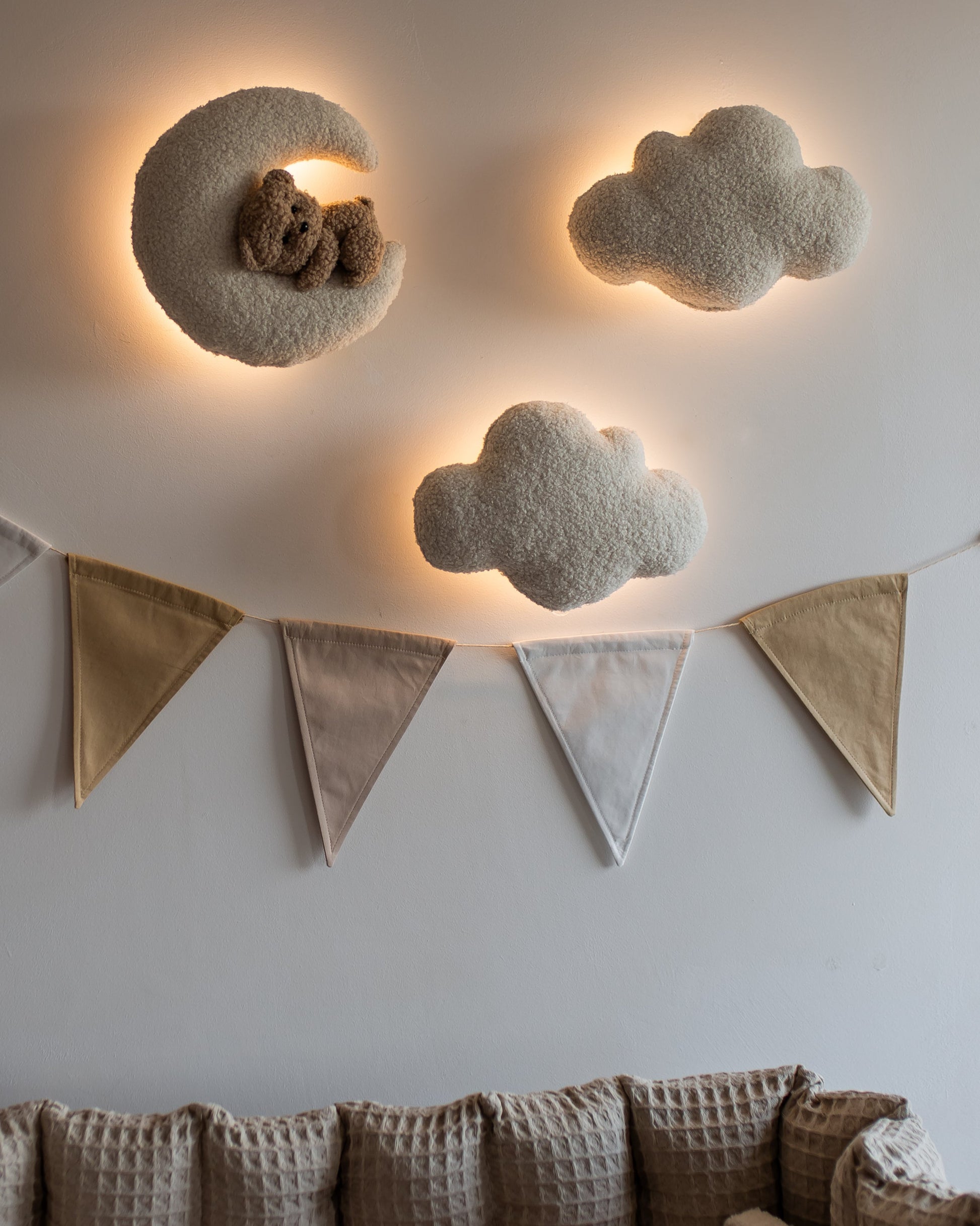 Boucle bear wall soft light set with moon, clouds, and stars on wooden back