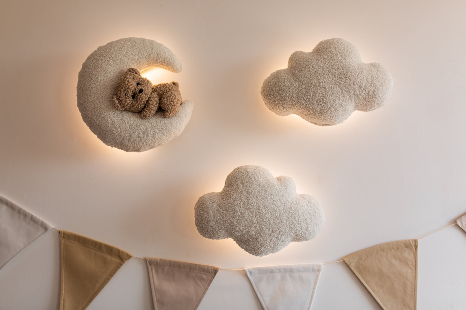 Cozy nursery wall night light featuring soft boucle bear and moon decor
