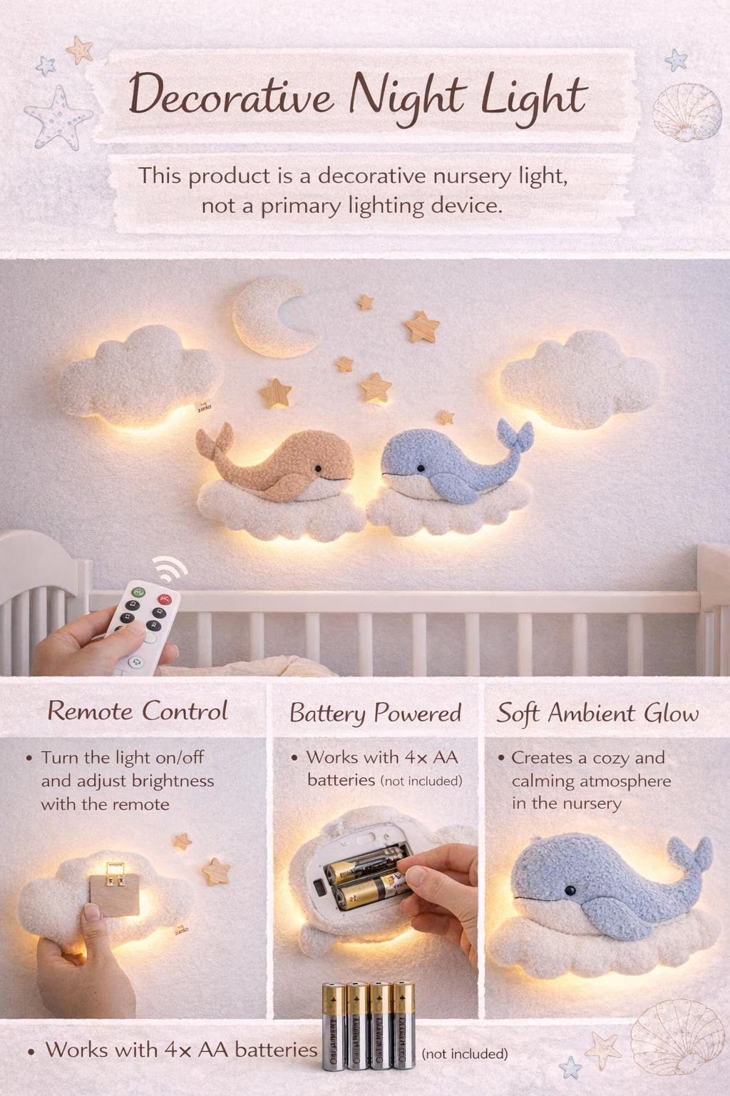 Whale Nursery Wall Light Set, Ocean Nursery Decor
