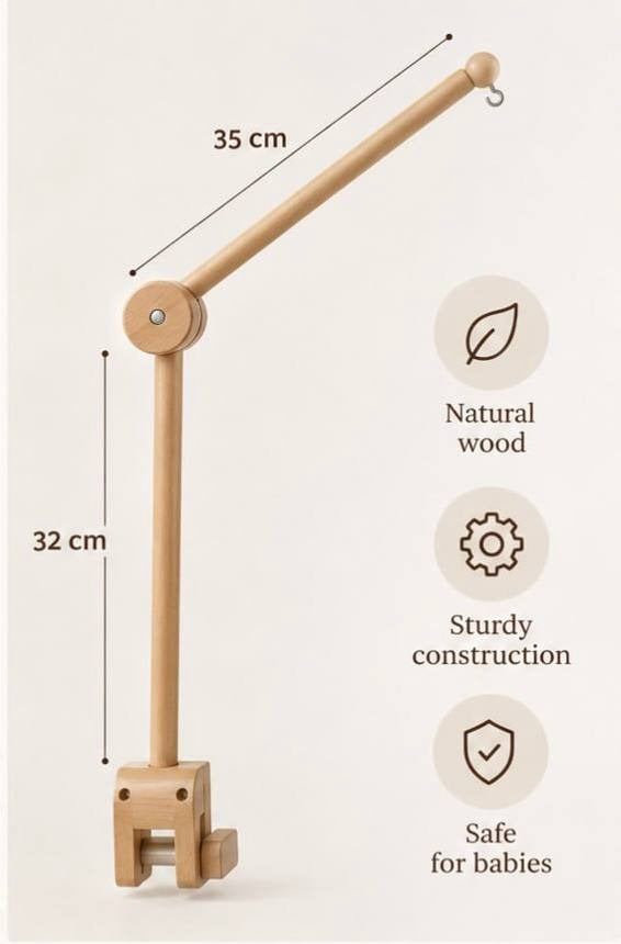 Wooden crib mobile holder, natural wood, 32 cm post and 35 cm arm