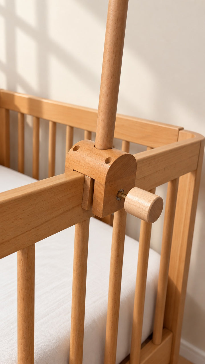 Holzhalter fürs Mobile aus Naturholz, Nahaufnahme von Klemme und Flügelschraube