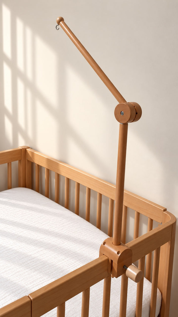 Holzhalter fürs Mobile aus Naturholz mit verstellbarem Neigungswinkel am Holzbett